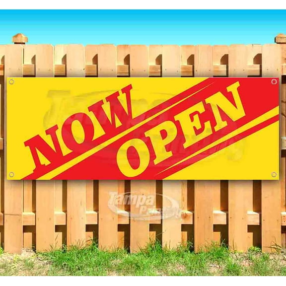 Now Open Slant 13 oz Vinyl Banner With Metal Grommets