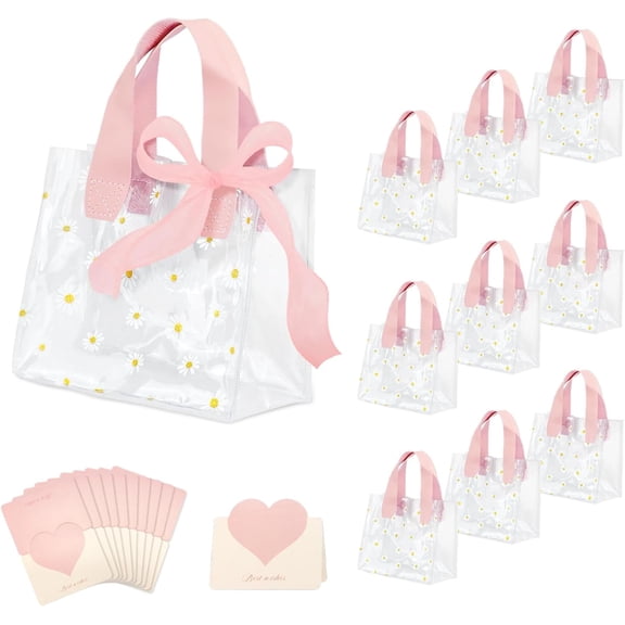 CEYAZYE 10 Pcs Clear Gift Bags with Handles, Party Favor Reusable Transparent PVC Flower Tote Bag Including Greeting Cards and Ribbon, Ideal for Party Shower Wedding Birthday Shopping (Pink)