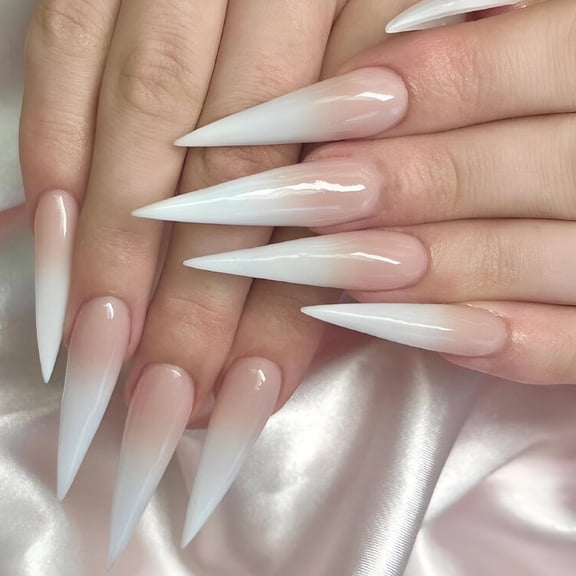RAGUPEL 24Pcs Long Stiletto White Pink Ombre Press on Nails for Costume Stage