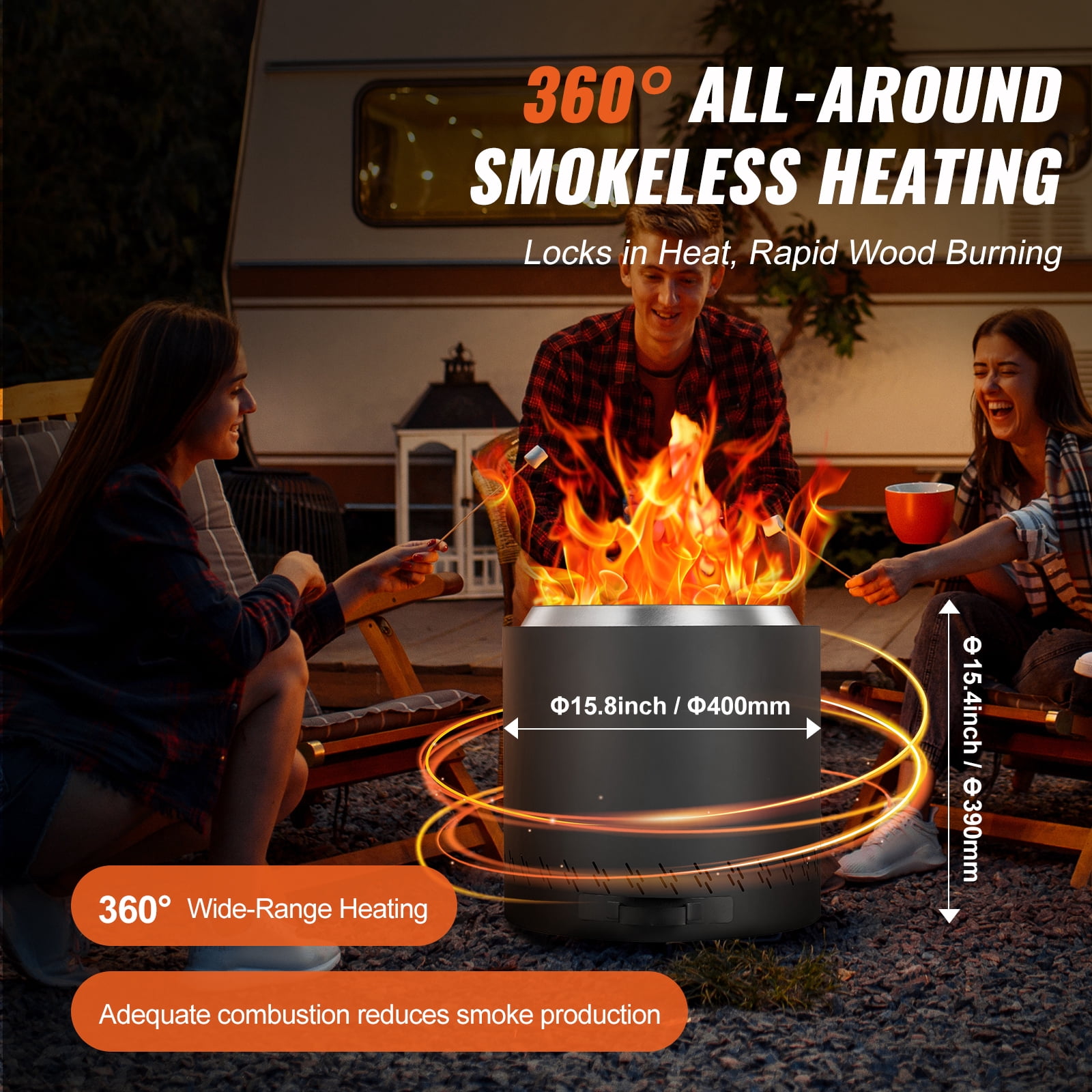 SKYSHALO Smoke-Free Fire Pit, H: 15.4 in x Dia: 15.7 in, Wood-Fueled Fireplace with Detachable Ash Tray, SUS430 Stainless Inner, Portable for Outdoor Patio and Camping