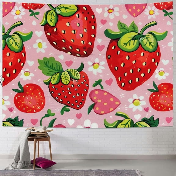 BCIIG Strawberry Flower Heart Tapestry Wall Hanging Unique Style Graphic Tapestries Home Wall Decor Art for Living Room Bedroom Apartment Farmhouse Dorm 40x30inch