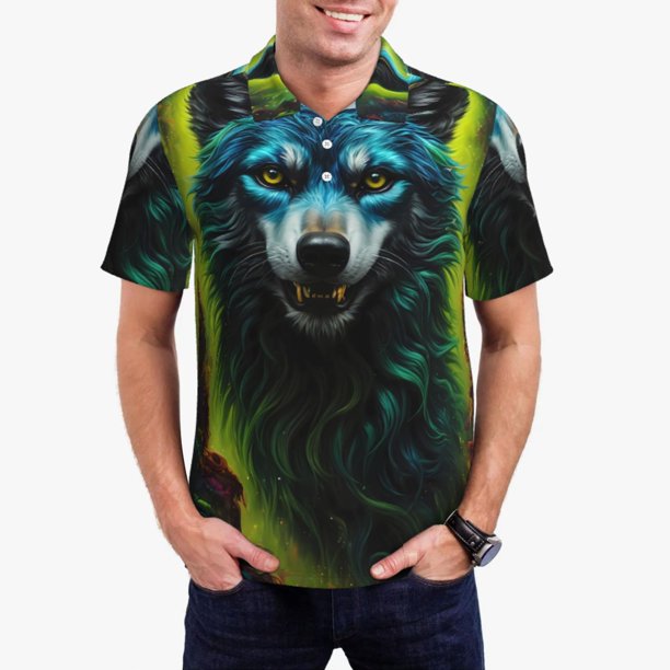 Balery Fluorescent Wolf Camisa Polo de Hombre con Estampado, de Manga Corta y Tejido Medio, Camisa Tipo Golf Polo-Medium