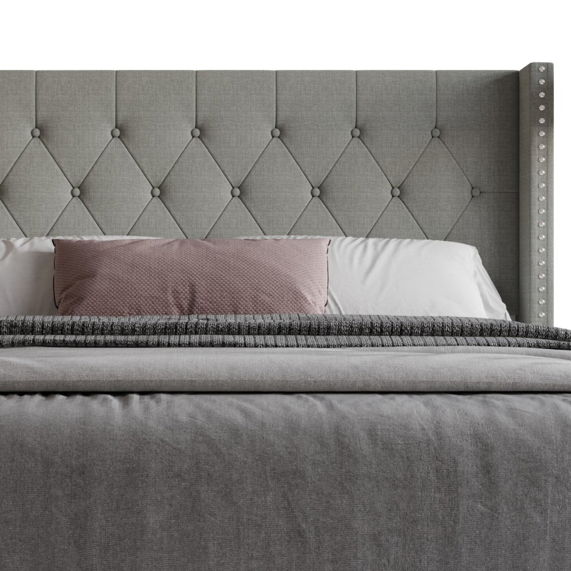 Home Design Homer Queen Button-Tufted Wingback Upholstered Panel Bed Frame with Nailhead Trim design for Adult, Gray, Easy Assembly