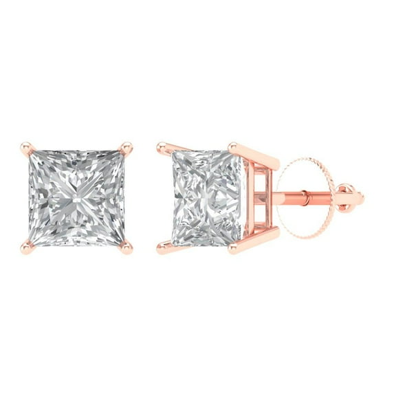 4 ct Screw-Back Stud Earrings for Women | 7.0mm Princess Cut White Sapphire | 18K Rose Gold