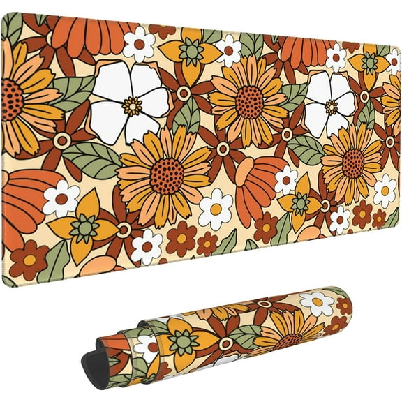Gaming Mouse Pad,Desk Mat Extended Large Retro Floral Sunflowers Mouse Pad Mat with Non-Slip Base Stitched Edges Mousepad for Computer,Office,Keyboard and Laptop 31.5''''×15.7''''×0.12''''