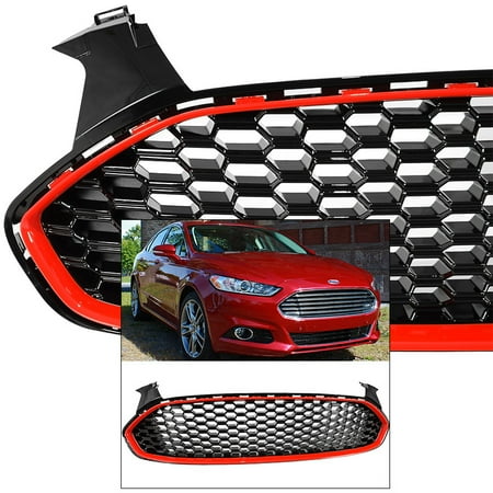 - Front Grille for Ford Fusion 2013-2016 Mustang Style Red Trim Glossy Honeycomb