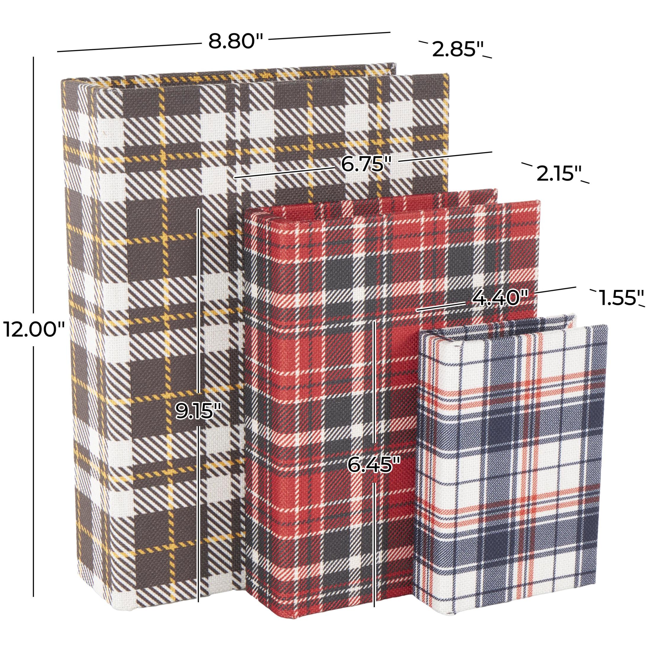 DecMode Geometric Plaid Faux Book Storage Multi Colored Canvas Decorative Box with Red and Blue Accents, 3 Count