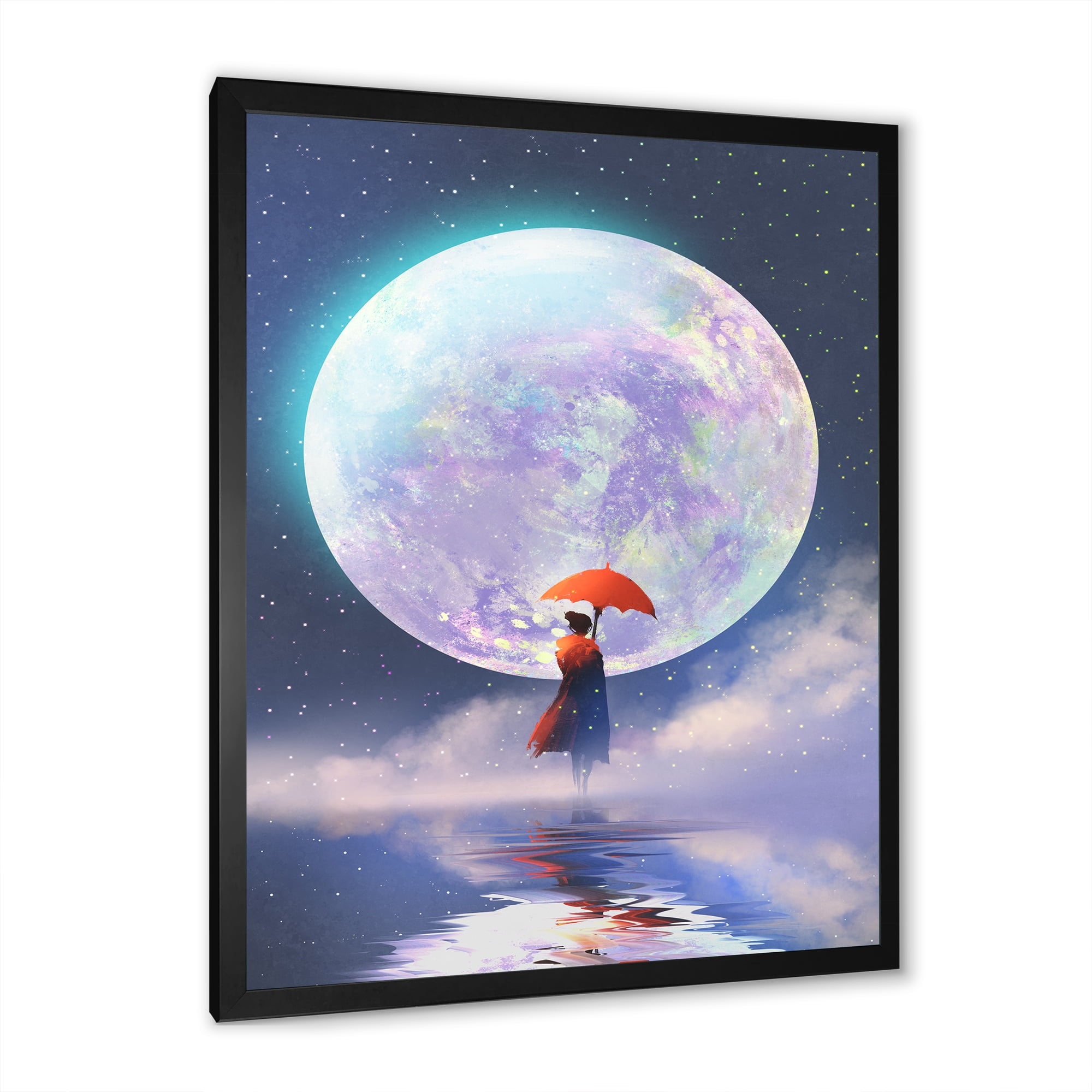 Designart 'Girl With Umbrella Standing On Water Against Moon' Traditional Framed Art Print