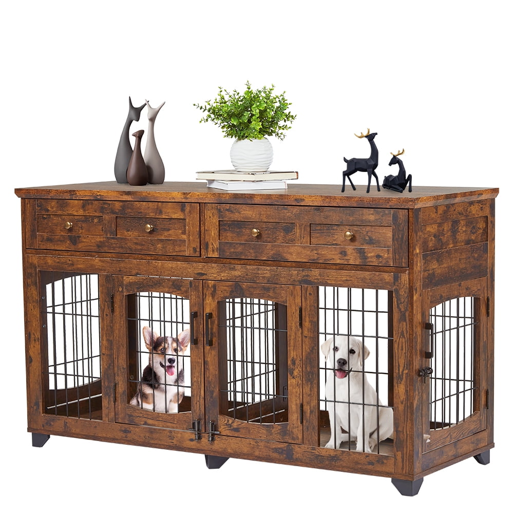 KTENME 2 Rooms Dog Crate Furniture with Openable Partition,58" Wooden