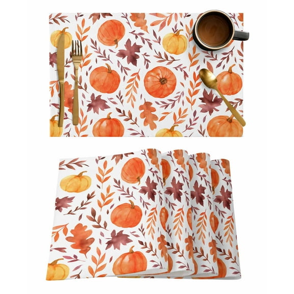 Fall Pumpkin Placemats Set of 6 Maple Leaves Thanksgiving Autumn Harvest Heat Insulation Washable Place Mats, Rustic Non-Slip Table Mats for Dining Table Party Kitchen Decor,13x19 Inch