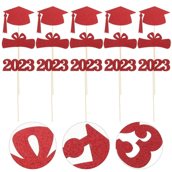 Hytrove 15Pcs Grad Party Decorations Red Glitter Graduation Picks 16X6CM Wooden Photo Props for Graduation Table