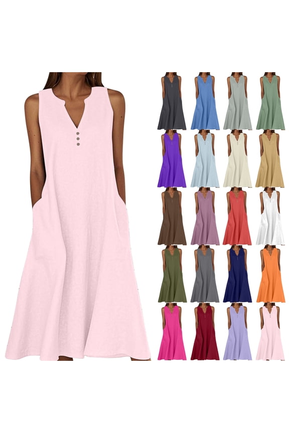 Maxi Dresses for Women 2026 Summer Cotton Linen Dress Button Up V Neck Sleeveless Casual Dresses Long Vacation Beach Sundresses Red L