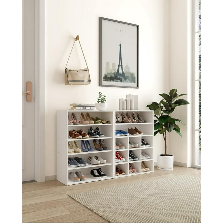6 Tier White Shoe Rack 24 Inches Stackable Wooden Shoe Shelf Organizer Free Standing Shoe Storage Stand with One Movable Storage Shelf for 10 15