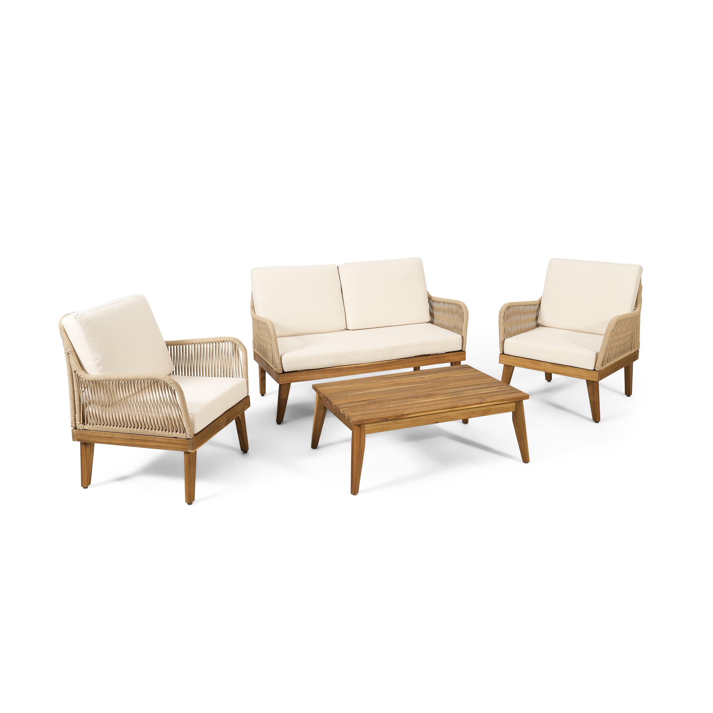 Outdoor 4 Piece Conversation Furniture Set, Acacia Wood with Rope Detail and Water Resistant Cushions for Patio, Teak and Beige