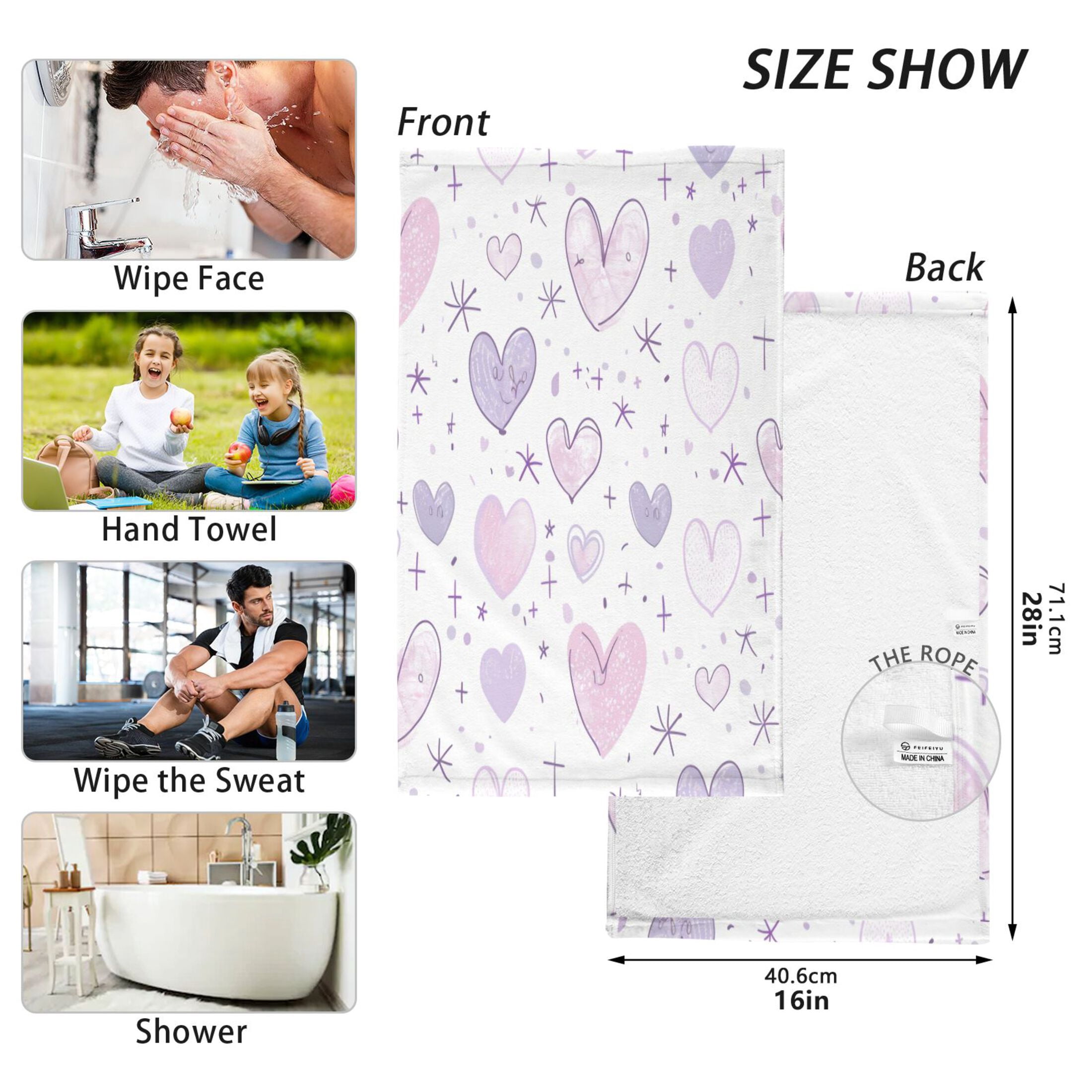 Cotton Towel Two-Piece 16x28 Inch One Sizex2 Face Towel Set Towel Set Cotton Hand Bath Towel Bathroom Beach Purple Heart