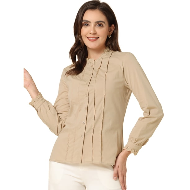 Camisa con botones plisada de algodón Allegra K Caqui L