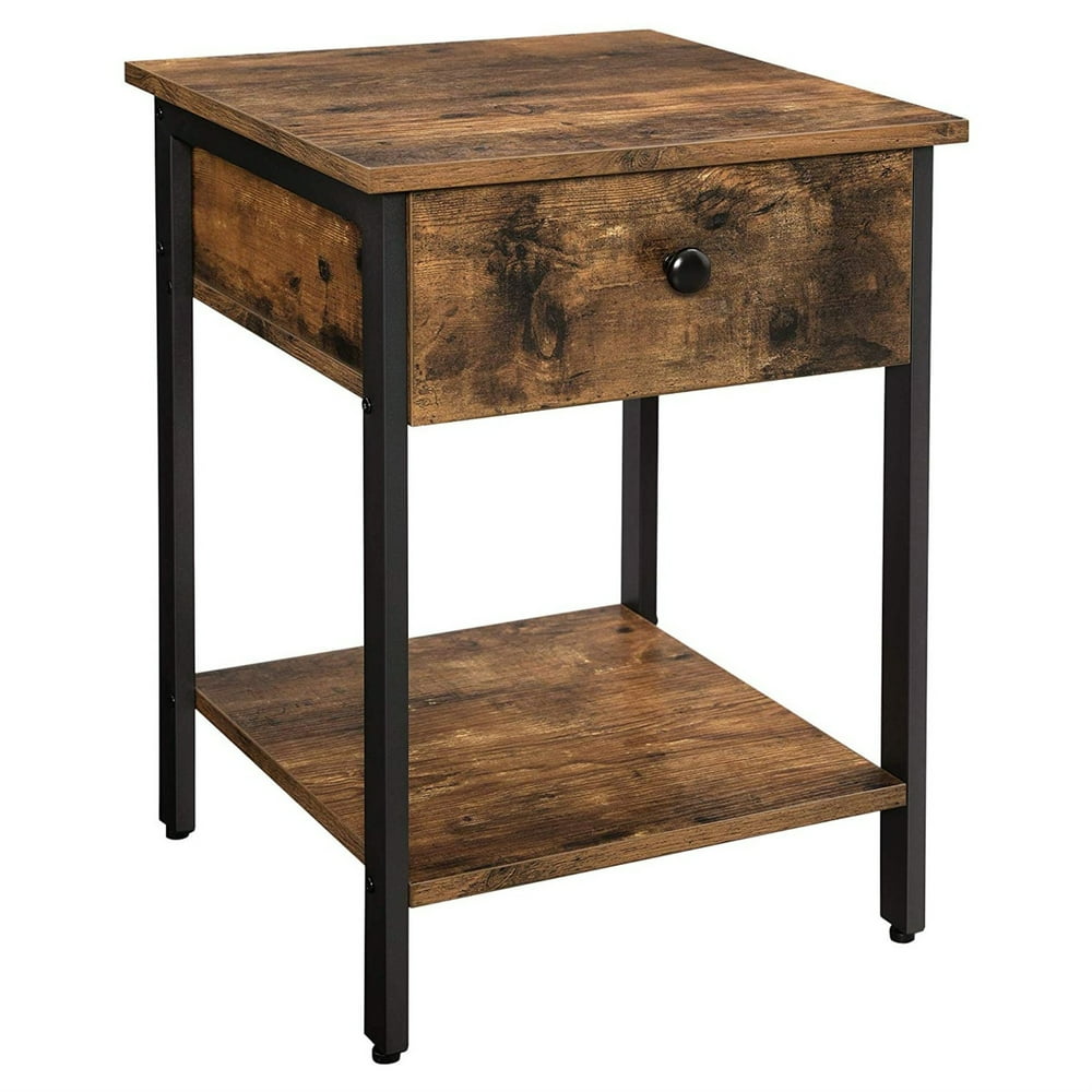 Wood and Metal Frame Nightstand with 1 Drawer and Shelf, Brown and