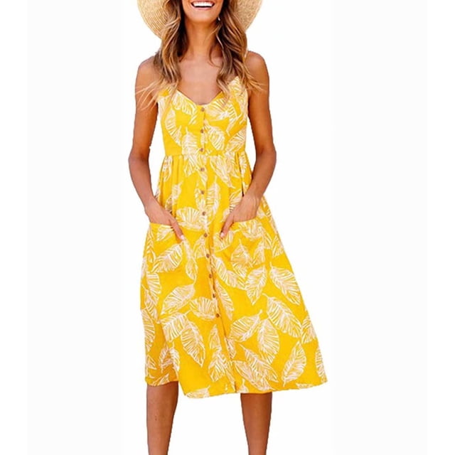 Robe Midi d'Été à Fleurs pour Femme, Dos Nu, Bretelles Spaghetti, Boutonnée, avec Poches, m, Am071-18