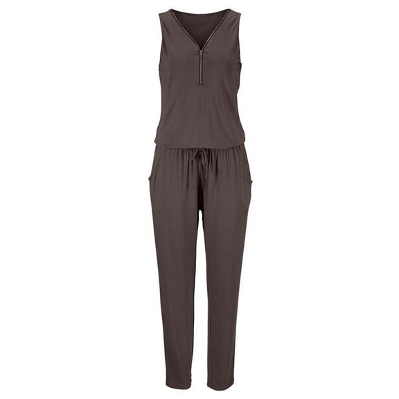 Wycnly Womens Jumpsuits Casual Zipper Elastic Waist Pocket Jumpsuits Overalls with Drawstring Trendy Solid V-Neck Sleeveless Long Summer Rompers Brown s