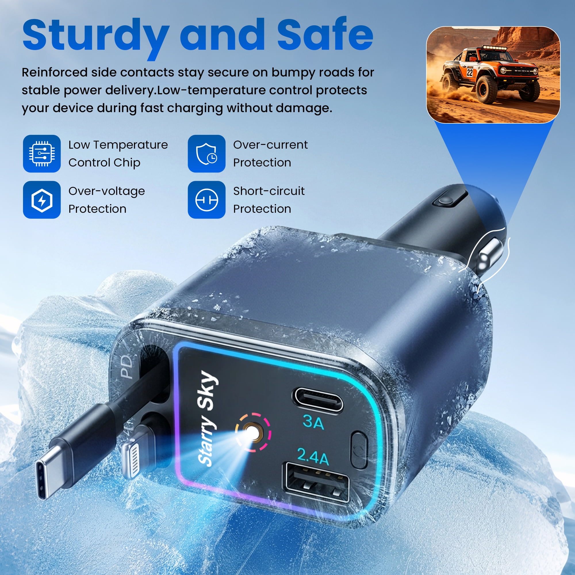DAYBETTER 4-in-1 Car Charger with Light & Star Projector, Fast Charging with USB-C & A for iPhone, Galaxy, Samsung, Car Accessories for Mother’s Day gifts