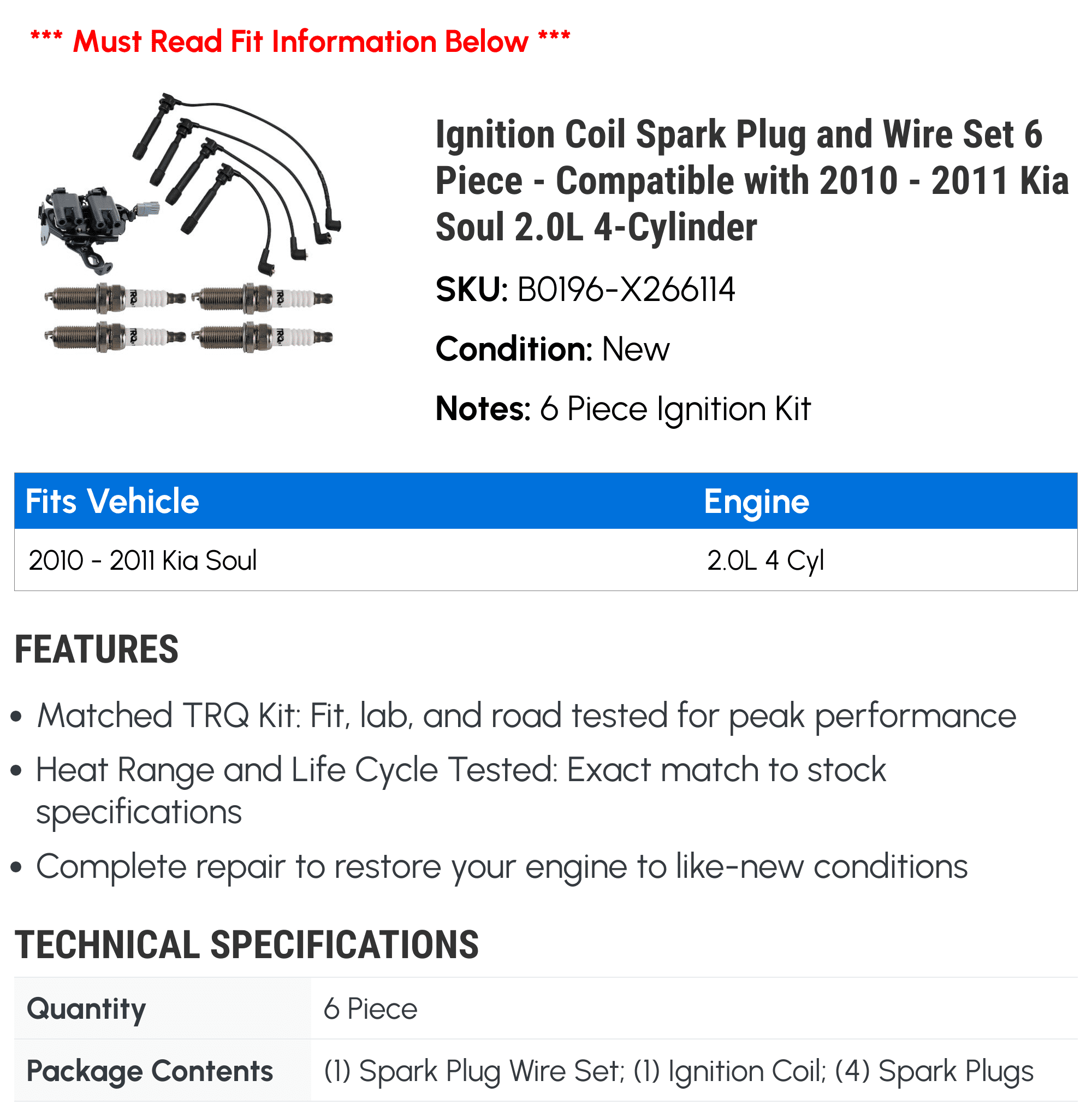 Ignition Coil Spark Plug and Wire Set 6 Piece - Compatible with 2010 - 2011 Kia Soul 2.0L 4-Cylinder