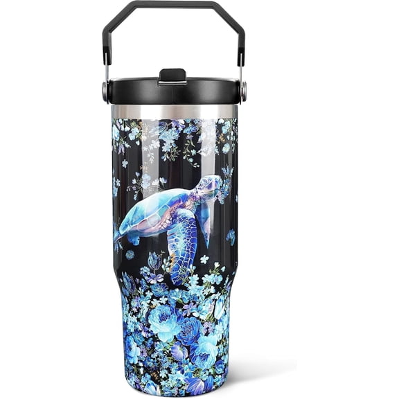 Sea Turtle 30 oz Tumbler, Turtle Vacuum Insulated Mug With Lid Straw and Handle Straw, 30oz Gift for Women