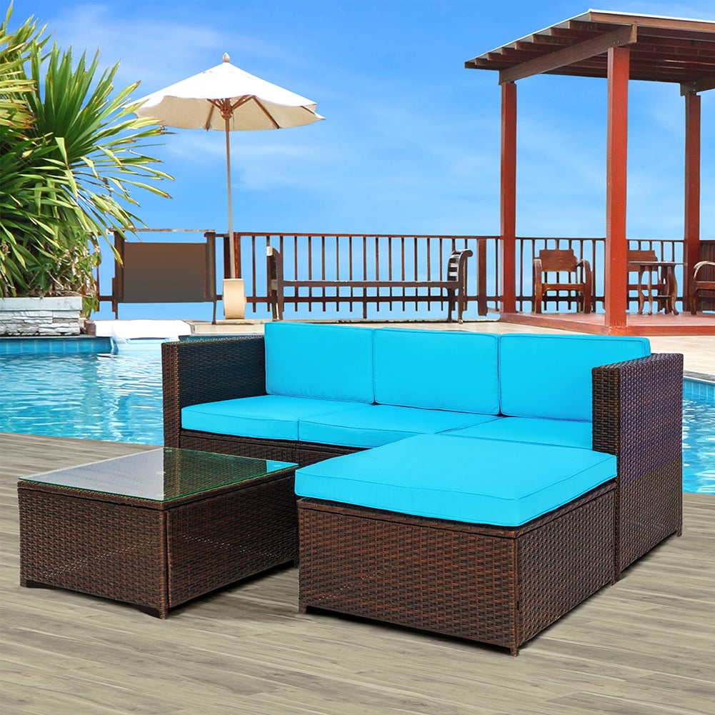 Private Jungle Outdoor Wicker Sofa Cushioned Sectional Furniture Set Garden Patio Sofa Set (Blue-5 Pieces) Private Jungle Outdoor Wicker Sofa Cushioned Sectional Furniture Set Garden Patio Sofa Set (Blue-5 Pieces)