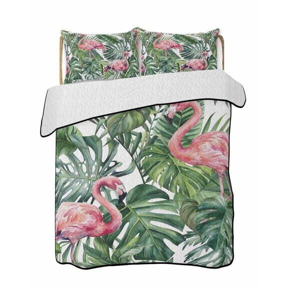 Twin XL Quilt Bedding Set, Pink Flamingo Reversible Summer Quilt 3 Pieces, Summer Tropical Plants Green Leaves Lightweight Bedspreads Coverlets with 2 Pillow Shams for All Seasons
