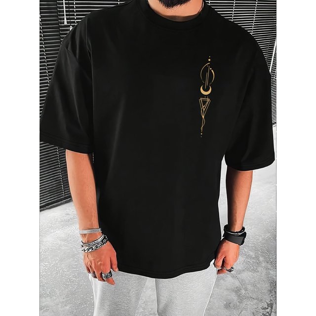 Men's Casual Street Style Black T-Shirt with Moon & Starry Sky Graphic - Soft Cotton, Round Neck, Short Sleeve, Versatile Summer Top