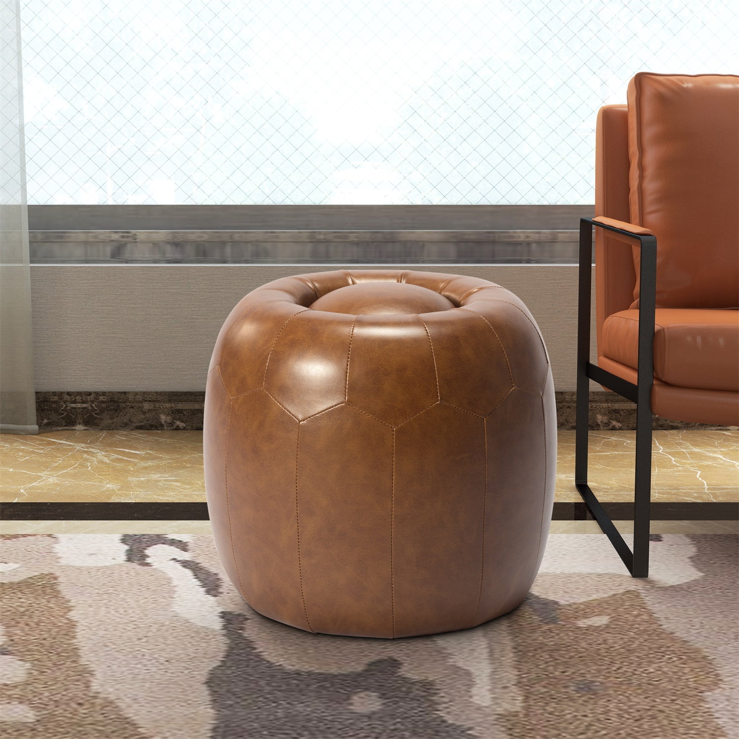 Kadyn 17.3" Round Ottoman, Small Step Stool for Couch, Desk, Modern PU Upholstered Footstool for Living Room, Brown Kadyn 17.3" Round Ottoman, Small Step Stool for Couch, Desk, Modern PU Upholstered Footstool for Living Room, Brown