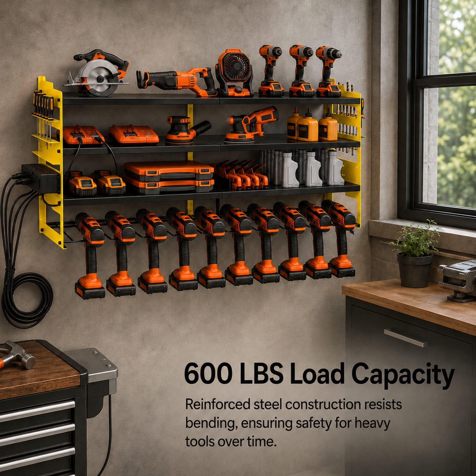 Alvantor 4-Tier Electric Tool Storage Rack with Charging Station, Power Tool Organizer with Screwdriver/Hammer/Air Tool Rack