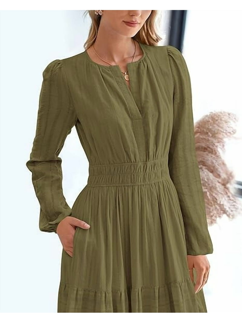 Freshpretty Fall Dresses for Women Casual Long Sleeve V Neck Elastic Waist Lightweight Maxi Wedding Guest Dress Pockets, Women's, Size: XL, Green