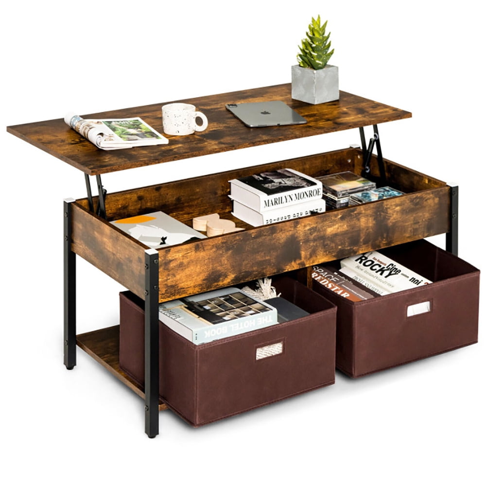 Finihen Rectangular Coffee Table, Lift Top Coffee Table, Central Table with Drawers and Hidden Compartment, for Living Room, Reception Room, Rustic Brown Finihen Rectangular Coffee Table, Lift Top Coffee Table, Central Table with Drawers and Hidden Compartment, for Living Room, Reception Room, Rustic Brown