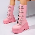 thumbnail image 3 of SACFOF Women's Pink Platform Boots Wedge Combat Gothic Chunky Heel Mid Calf Punk Motorcycle Shoes, 3 of 6