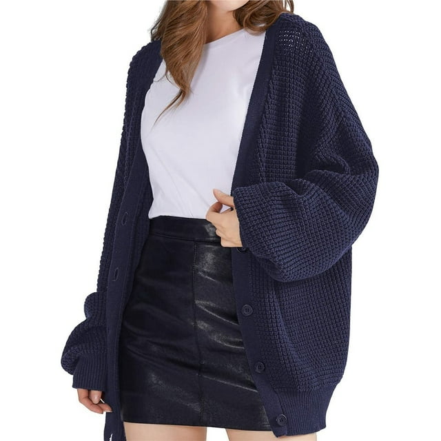 Cárdigan de Punto Grueso para Mujer, Larga, Cuello en V, Botones, con Bolsillo, para Otoño e Invierno Azul Oscuro M