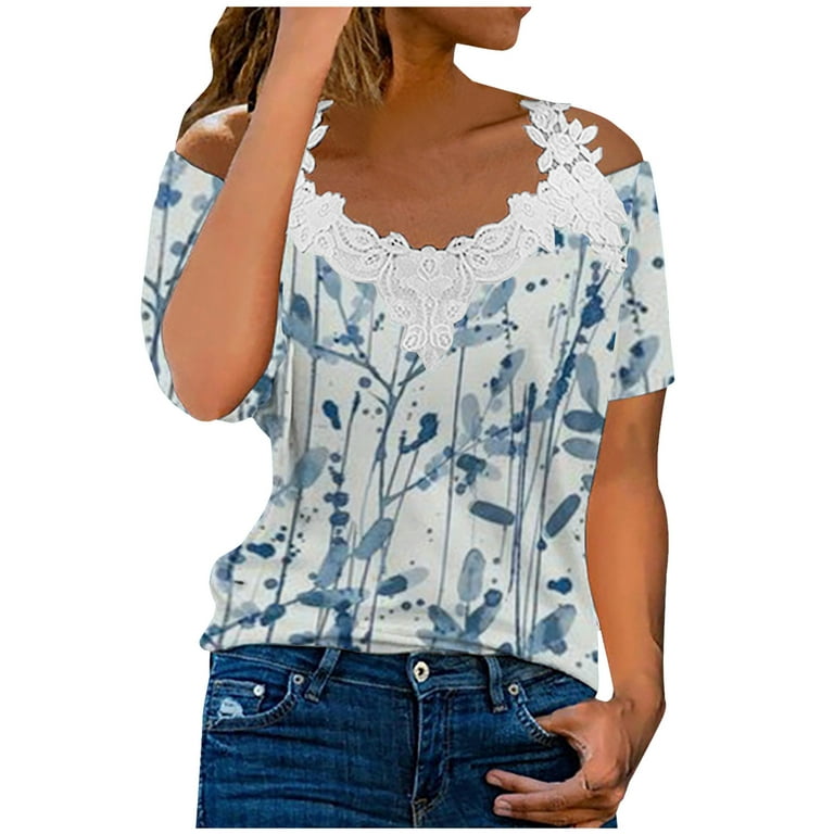 Olyvenn Women's Trendy Tunic T-Shirts Save Big Fashion Summer Off Shoulder  Short Sleeve Tees Floral Print Tops Sexy Lace V Neck Shirts Lace Patchwork  Loose Casual Blouse Clothing 2023 Dark Blue 12 