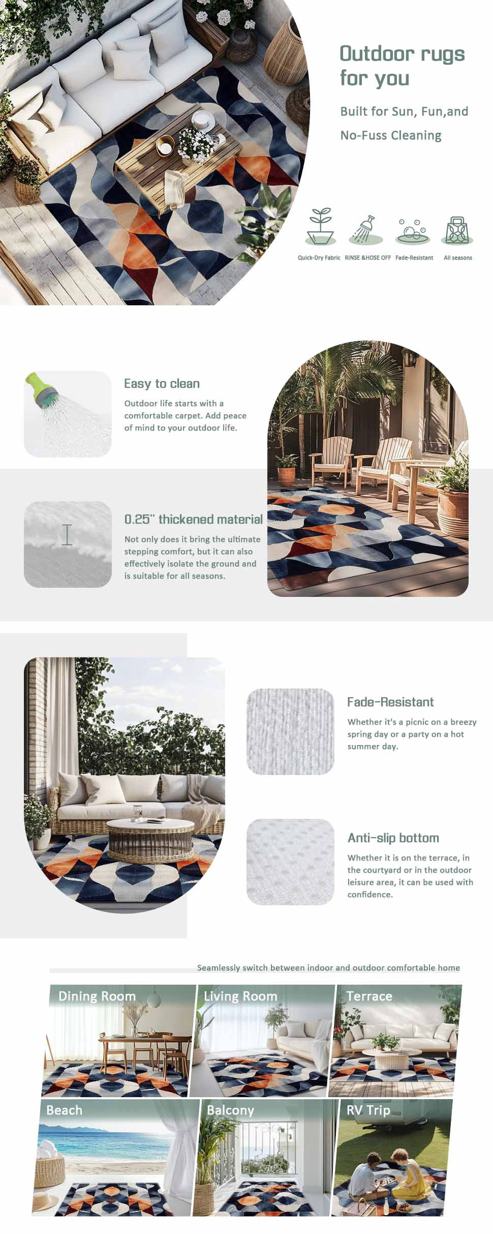 Navy Blue Burnt Orange Outdoor Rug 5x8 Ft - Reversible Patio Rug Outdoor Camping Rugs, Geometric Retro Abstract Washable Indoor Outdoor Area Rugs, Non-Slip Outdoor Carpet Runner for Deck/Porch