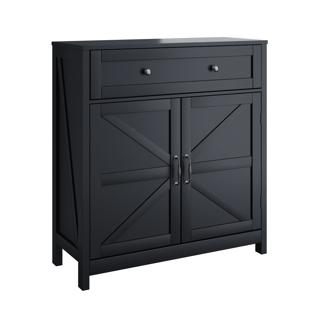 Oufan Farmhouse Storage Cabinet with Drawer and 2 Doors, Adjustable Shelf Freestanding Kitchen Pantry Cabinet, Modern Coffee Bar Console Cabinet for Kitchen,Living Room,Bedroom, Black