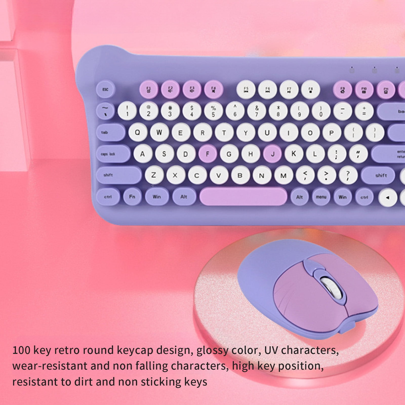 Retro Wireless Keyboard and Mouse Combo, Purple Round Keycaps, Silent Keys, 2.4G, Power Saving, for PC Laptop, Plug & Play, Batteries Included
