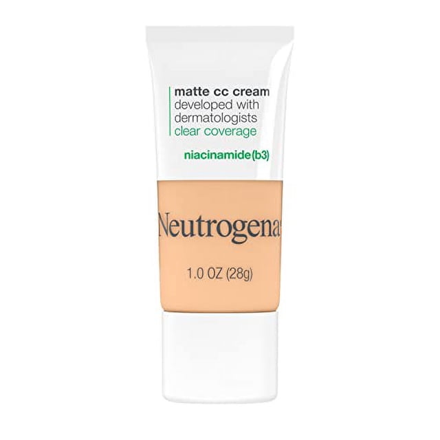 neutrogena clear coverage flawless matte cc cream, full-coverage color correcting cream face makeup with niacinamide (b3), hypoallergenic, oil free & fragrance free, porcelain, 1 oz tubo centrado, vista frontal de 1.0 oz (28 g) en tono Porcelain 2.0; envase plástico exprimible blanco con panel beige y logotipo Neutrogena en negro, texto impreso 'matte cc cream', 'clear coverage' y 'niacinamide (b3)'. Fondo blanco de estudio, tapa en la parte inferior. Apto como base correctora portátil para retoques.