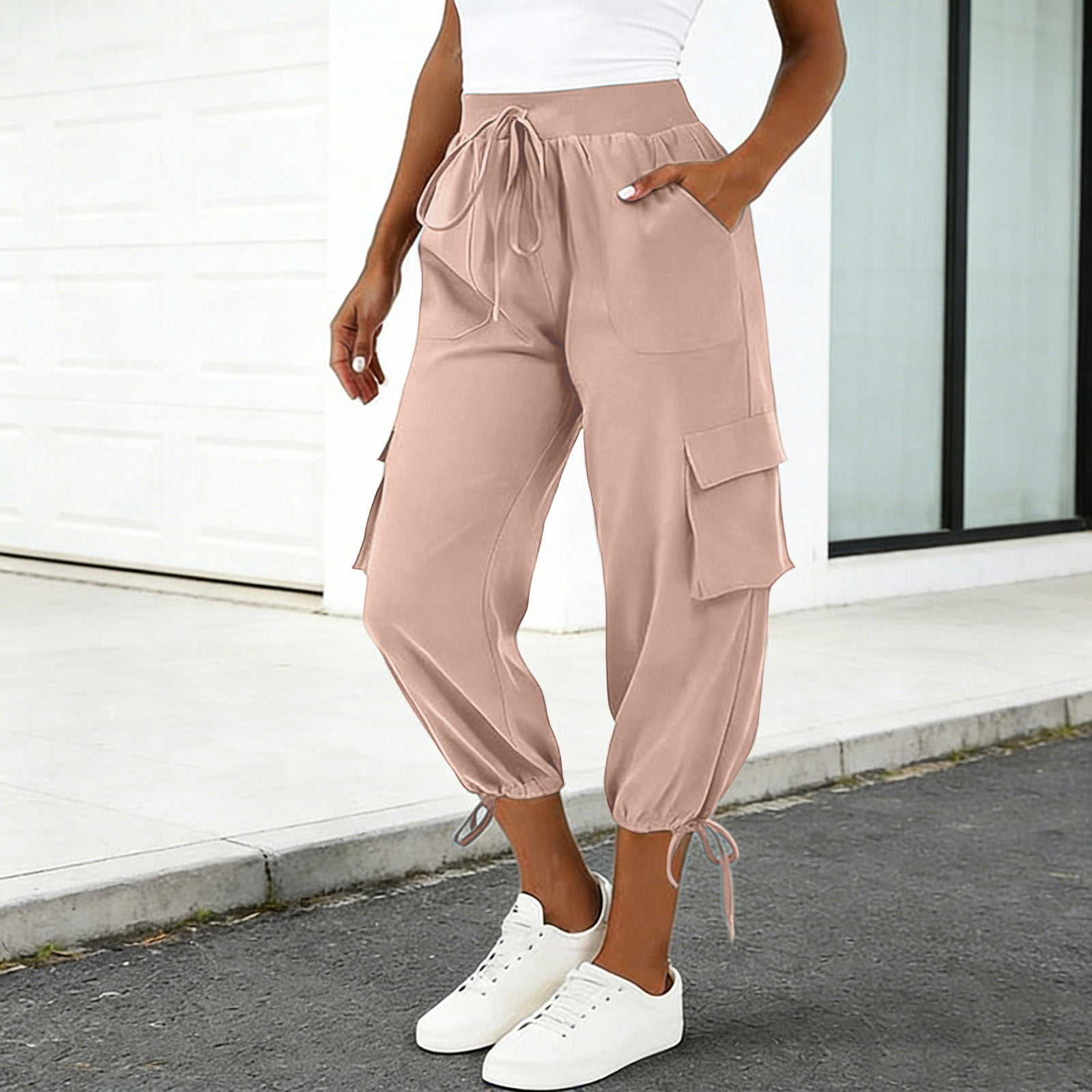 Gtoiithly Women's Solid Cargo Jogger Pants - Loose Fit Casual Elastic Trousers with Drawstring Waist & Side Cargo Pockets Pink M