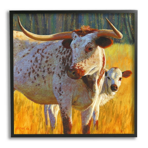 Longhorn Cow Calf Grassland Farm Animals & Insects Painting Black Framed Art Print Wall Art