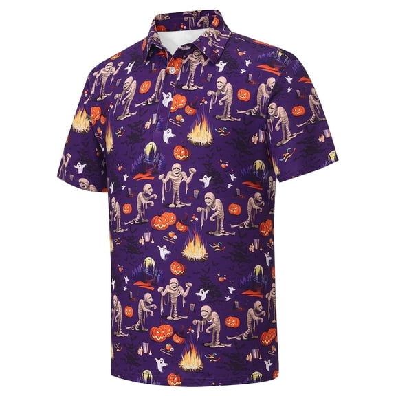 Men's Golf Polo Shirts Funny Halloween Golf Polo Shirts Short Sleeve Pumpkin Ghost Shirts for Men (Purple S)