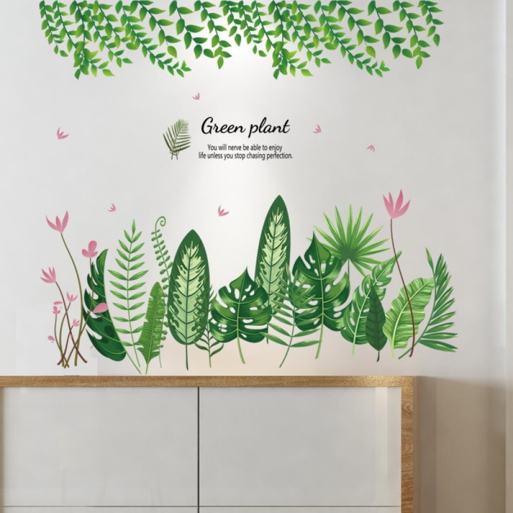 Green Tropical Leaf Wall Decals, Natural Palm Leaf Plant Wall Stickers Art Murals, Waterproof ...