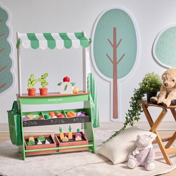 Teamson Kids Wooden Farmers Market Stand Playset, 25-Piece Pretend Grocery Stall with Cutting Vegetables, Scale & Chalkboard, White/Green, for Toddlers Ages 3
