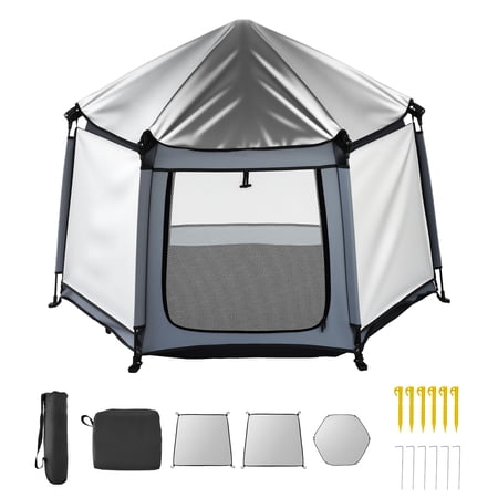 KFFKFF Portable Baby Playpen with Canopy, Foldable Toddler Play Yard for Indoor & Outdoor Use, Lightweight Design with UPF 50+ Sunshade and Travel Bag for Home, Park, or Beach