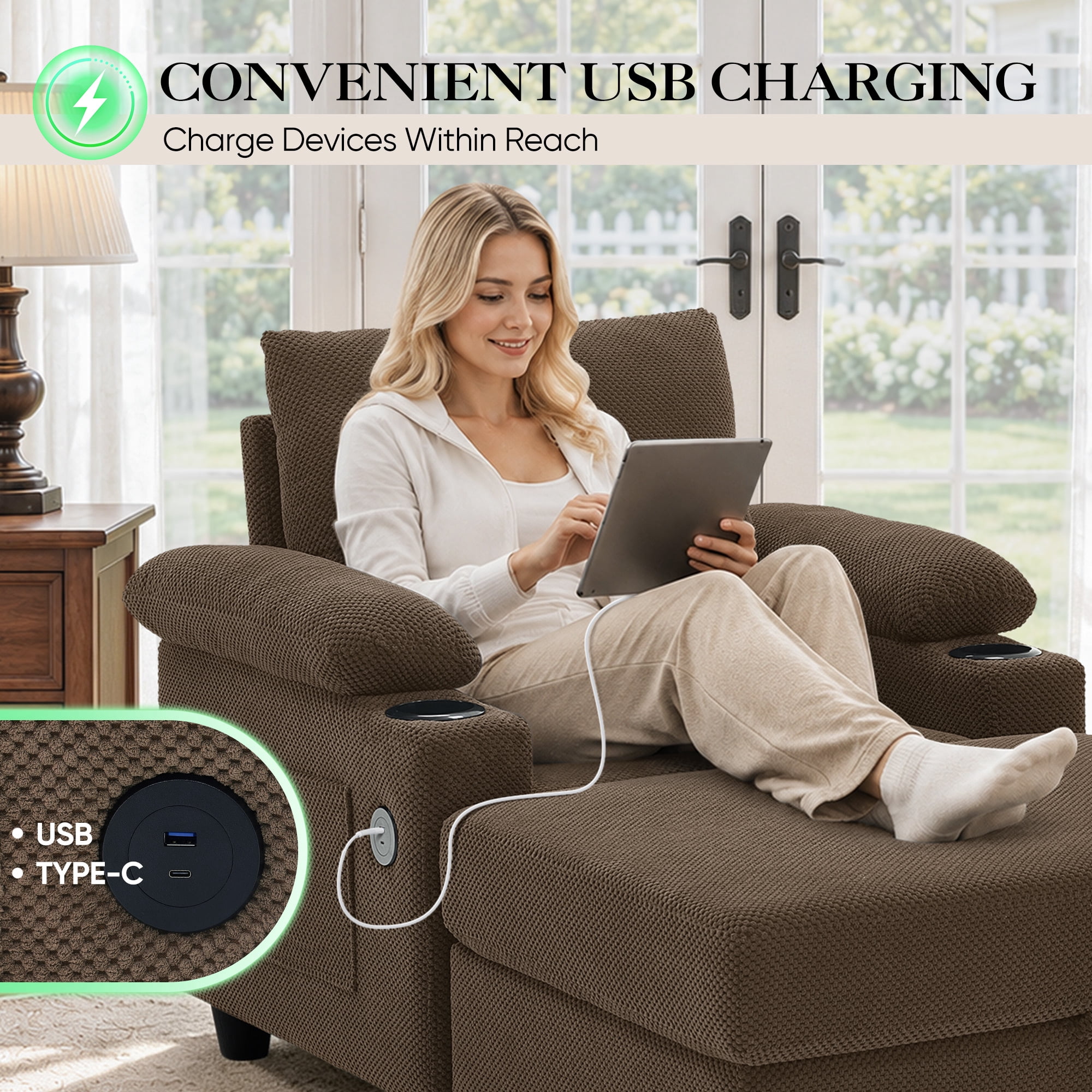 Lunale Accent Chair with Storage Ottoman & Adjustable Backrest, Chaise Lounge Chair Indoor with USB, Living Room Reading Armchair, Coffee