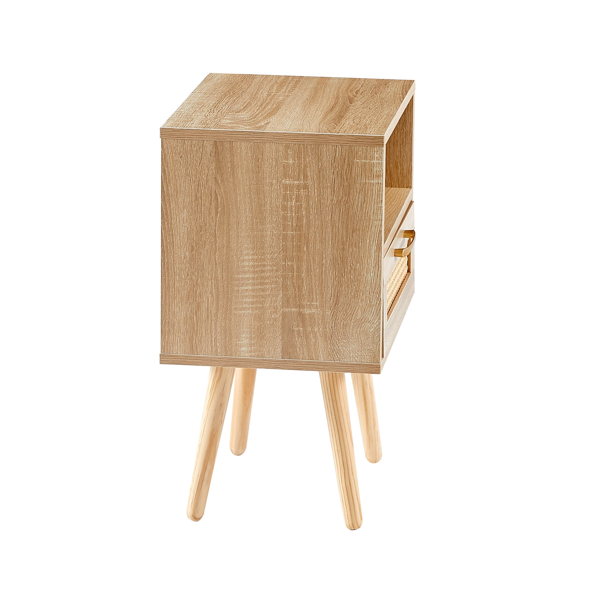 15.75-Inch Rattan End Table with Drawer and Solid Wood Legs, Modern Nightstand Bedside Side Table with Storage, Rectangle Accent Table for Living Room Bedroom, Natural