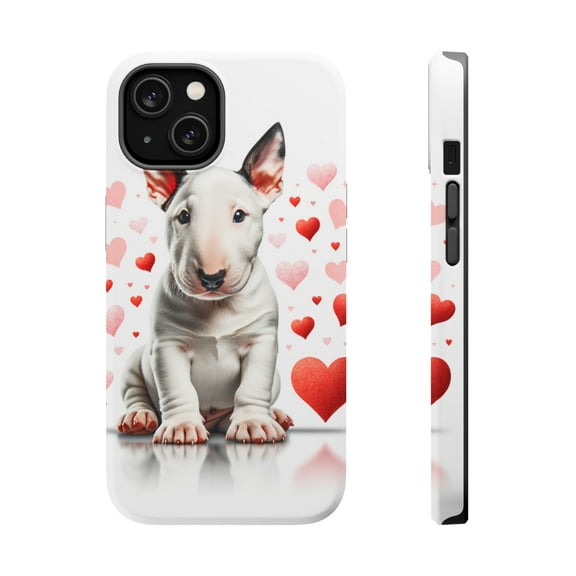 DistinctInk Tough Case for Apple iPhone 15 (6.1" Screen), Compatible with MagSafe Charging - Valentine's Day Bull Terrier Puppy