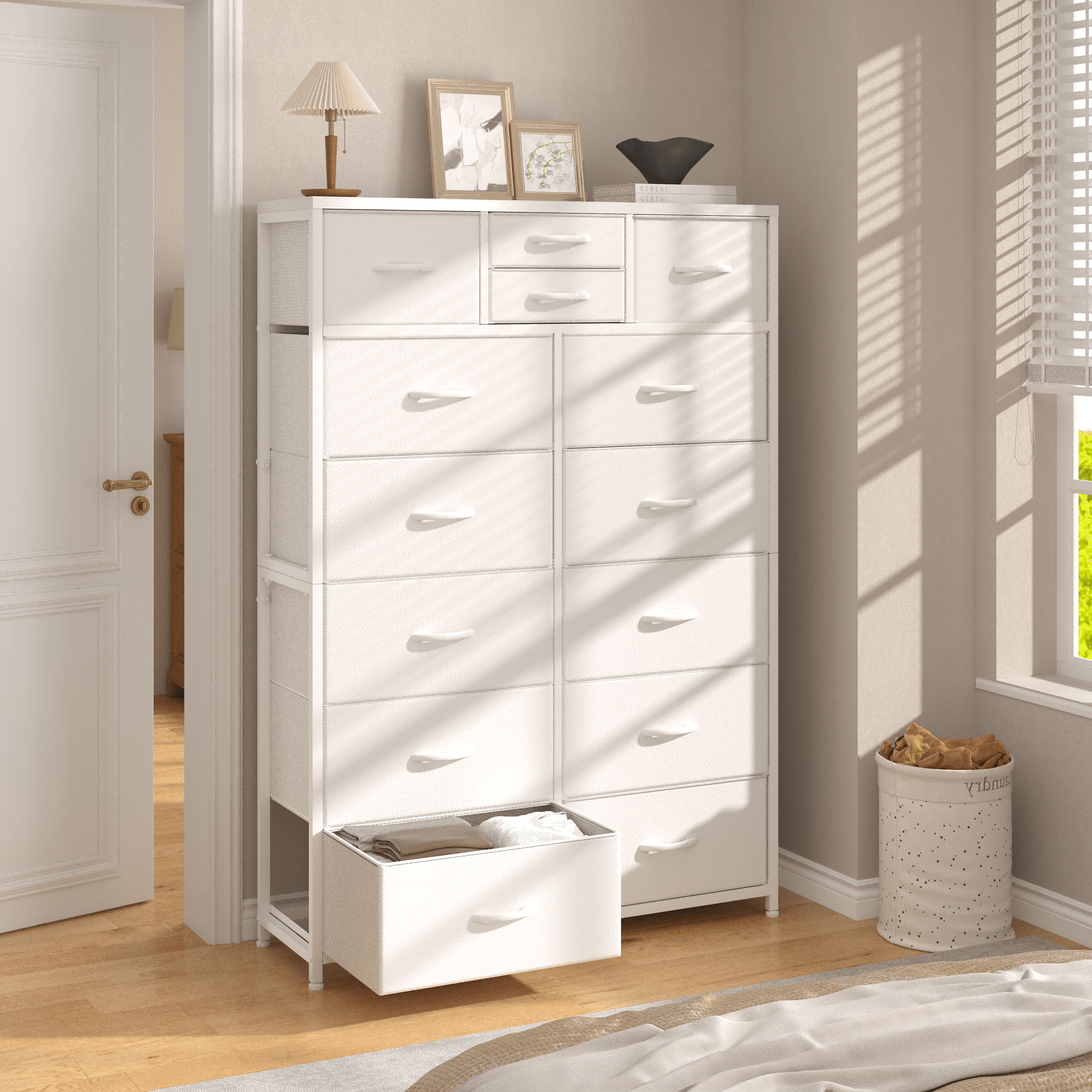 Tall Dresser for Bedroom with Fabric Drawers Dressers & Chests of Drawers for Closet, Sturdy Metal Frame, Wood Top, White